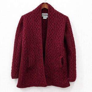 Arancrafts Ireland Open Knit Cardigan Sweater Burgundy Shawl Collar Cable Red